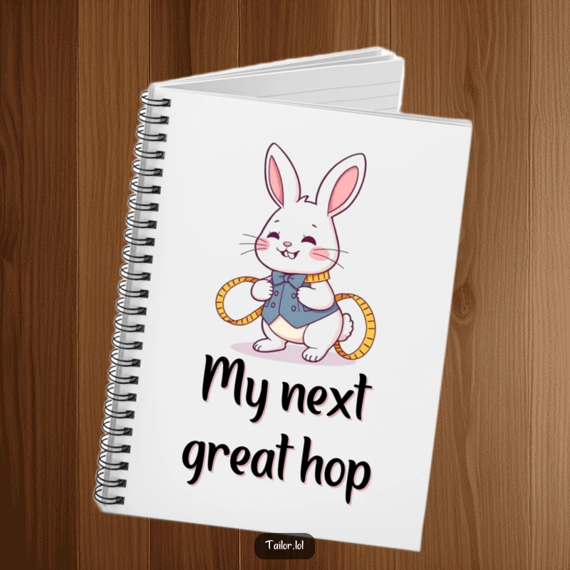 Funny joyful rabbit tailor hopping with a measuring tape on a notebook cover, perfect for planning sewing projects and as a humorous gift.