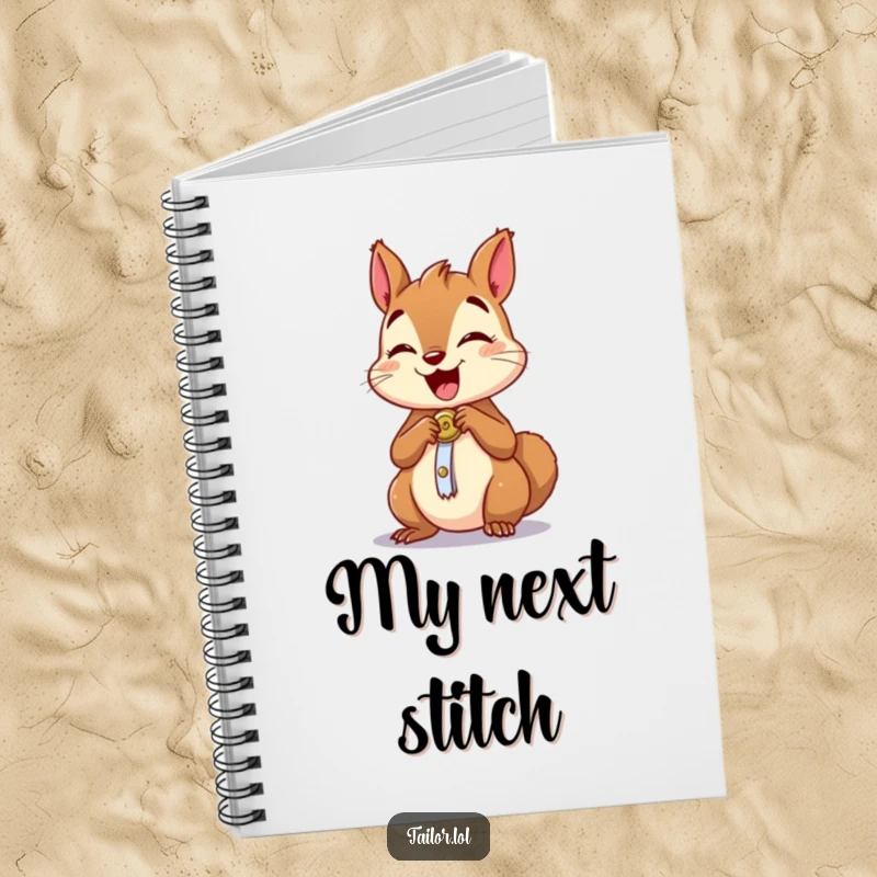 Funny notebook with an excited squirrel character sewing a button, ideal for jotting down creative ideas.