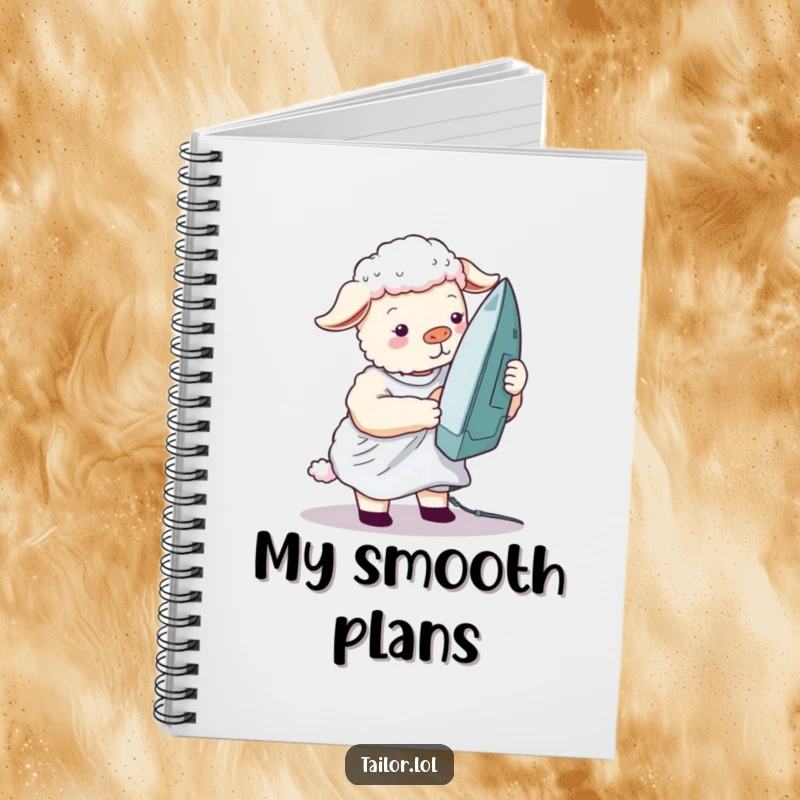 Funny silly sheep notebook cover art of a sheep ironing a wrinkled shirt with a giant iron, for humorous planning.