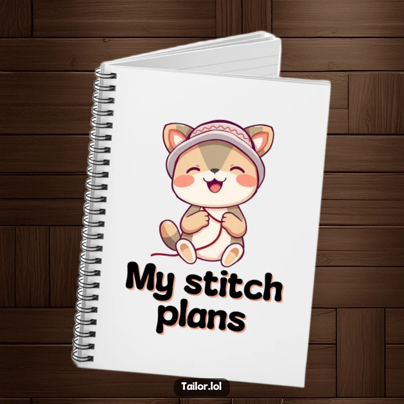 Funny animal notebook, a joyful animal wearing a thimble hat, happily stitching, inspiring creativity and project planning.