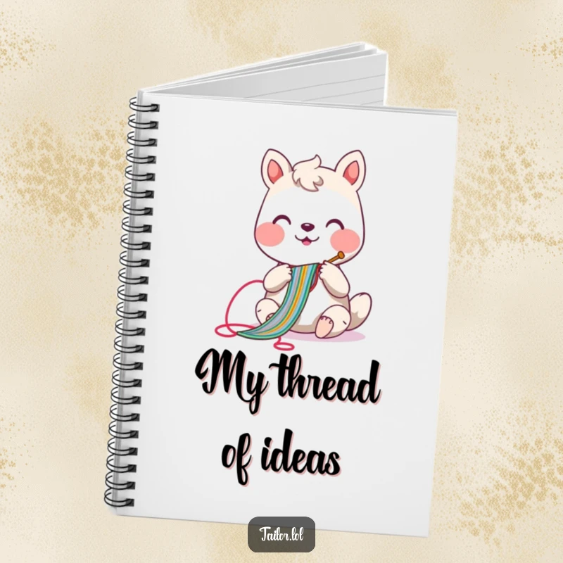 Funny sewing animal notebook with a cheerful character sewing a colorful stitch, ideal for jotting down notes and ideas.