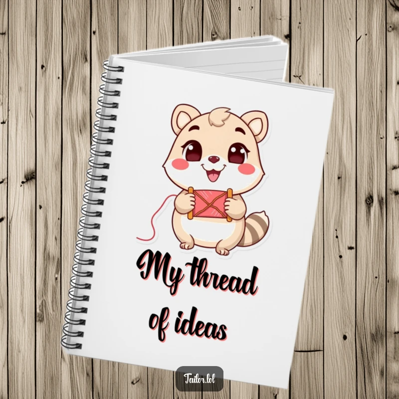Funny Notebook: Cute animal character holding a spool of thread with a cheerful grin, symbolizing creative ideas.