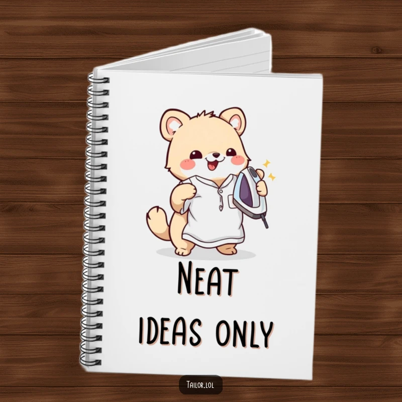 Funny notebook cover featuring a cute animal character happily ironing a wrinkled shirt, inspiring neat and humorous note-taking.