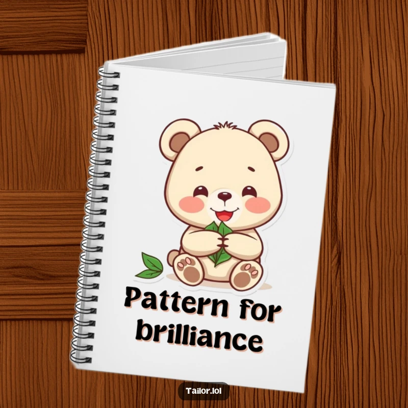 Funny notebook with a joyful bear meticulously cutting a pattern from a leaf, ideal for nature journaling.