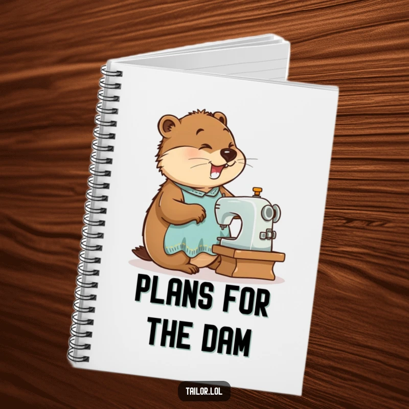 Funny busy beaver tailor operating a sewing machine on a notebook cover, perfect for planning projects and as a humorous gift.