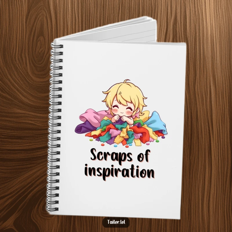 Funny notebook with a character sorting a pile of colorful fabric scraps, perfect for jotting down creative ideas. A humorous and practical gift.