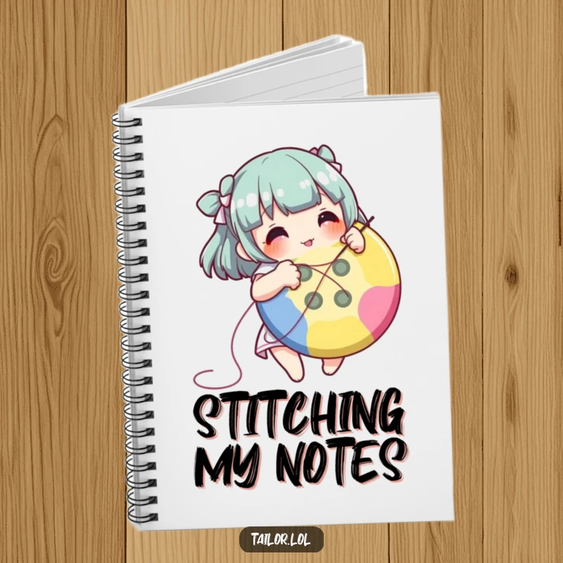 Funny character sewing a button on the cover of a delightful crafting notebook.