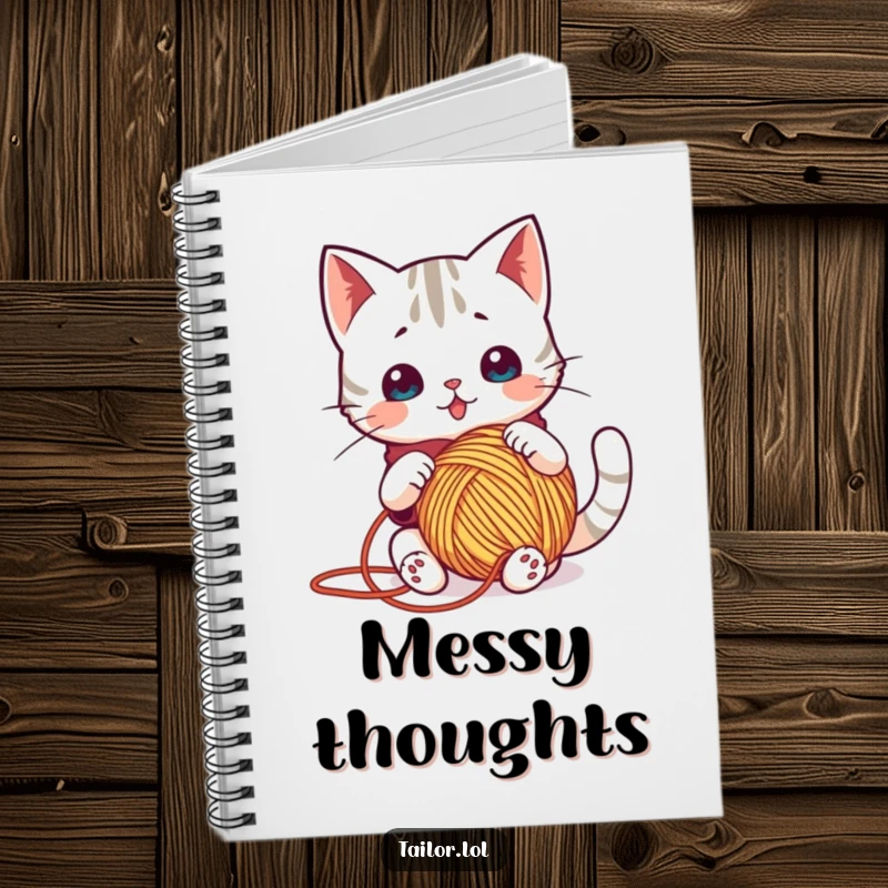 Funny notebook cover featuring a surprised Kawaii cat tailor comically tangled in a large ball of yarn, ideal for jotting down ideas.