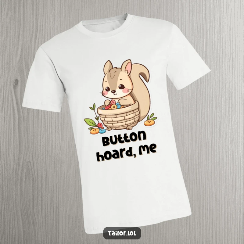 Funny playful squirrel gathering buttons into a basket, a charming and humorous t-shirt graphic.