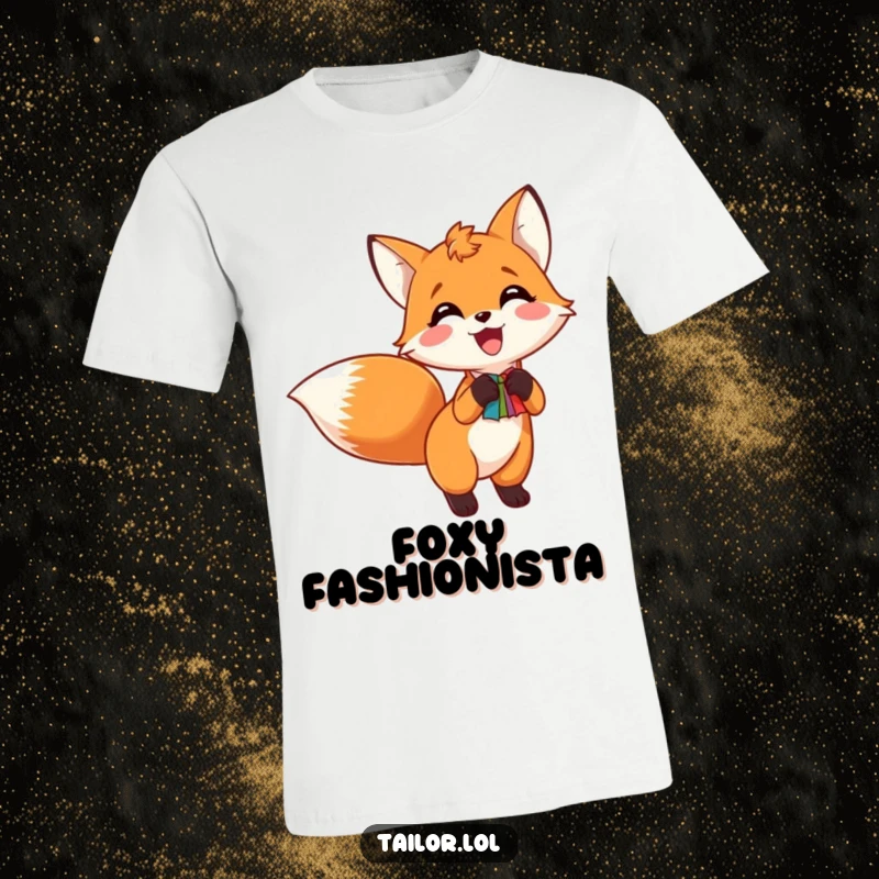 Funny t-shirt showcasing an excited fox with a colorful swatch pinned to its tail, embodying a joyful crafting spirit.