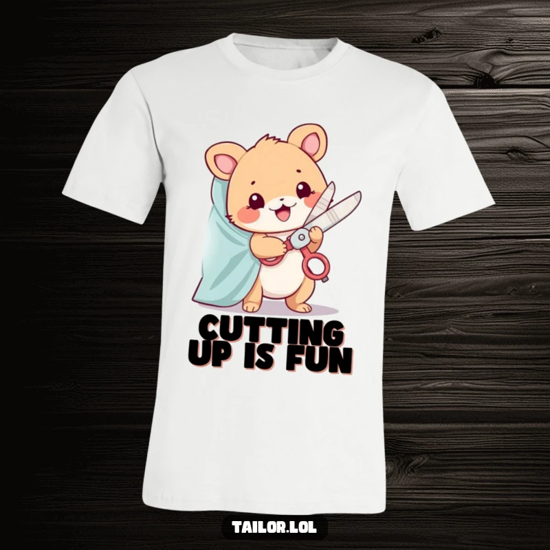 Funny t-shirt with a cute animal character happily snipping fabric using oversized, sparkling scissors, perfect for sewers.