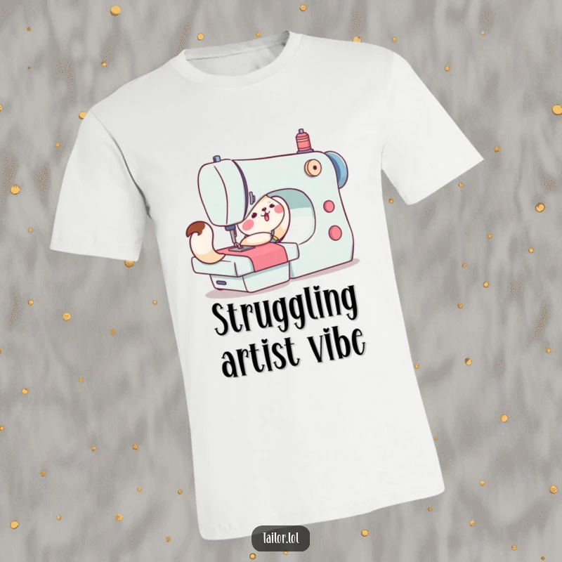 Funny t-shirt depicting a cute animal character straining to push a large sewing machine, embodying the comical effort of creative pursuits.