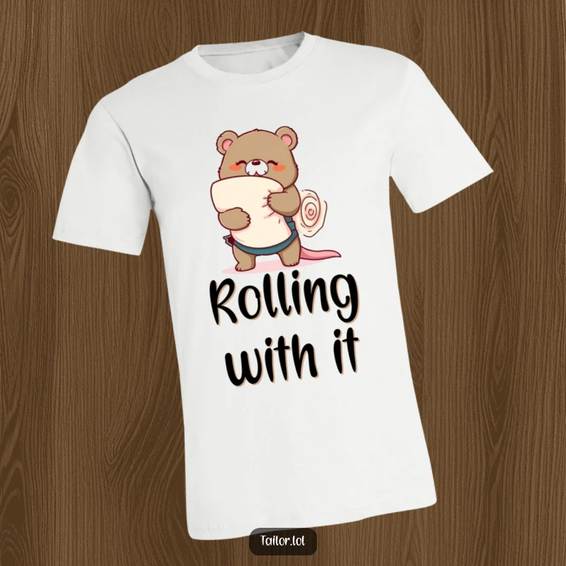 Funny playful bear tailor wrestling a large roll of fabric, comical struggle t-shirt, crafter humor, perfect funny gift.