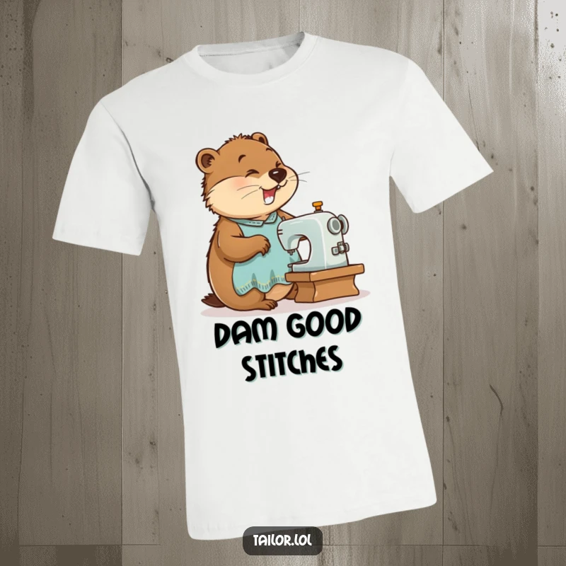 Funny enthusiastic beaver tailor sewing on a small machine on a graphic t-shirt, perfect for DIY lovers and funny gifts.