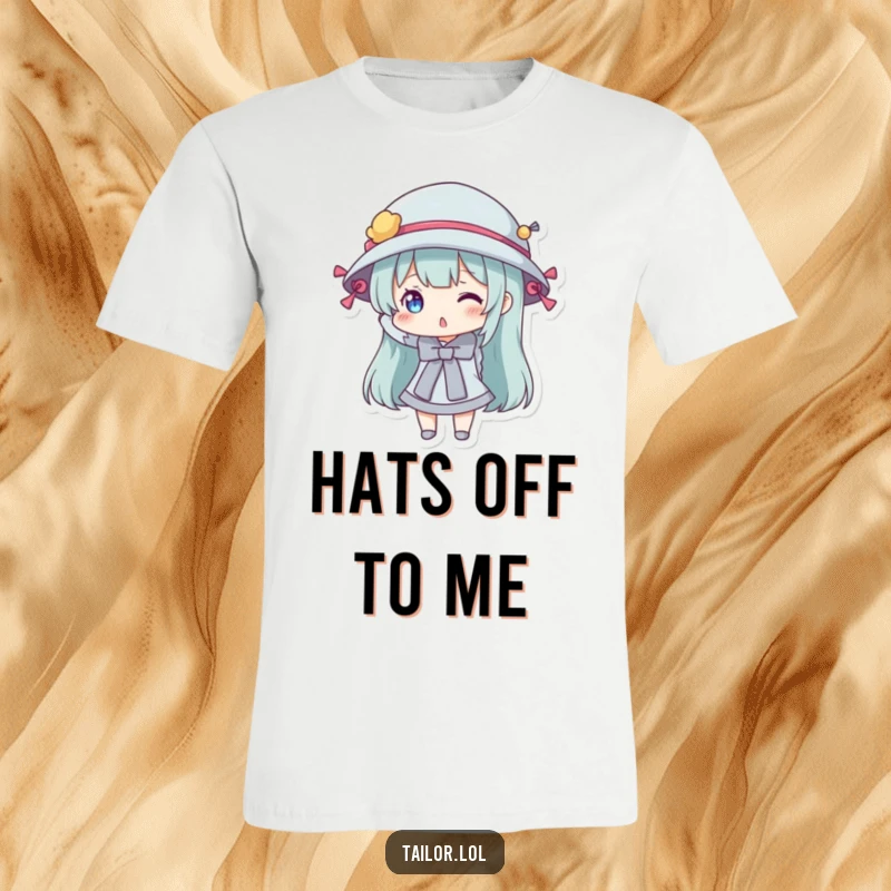 Funny t-shirt featuring a character playfully trying on a hat adorned with colorful sewing bobbins, celebrating quirky style.