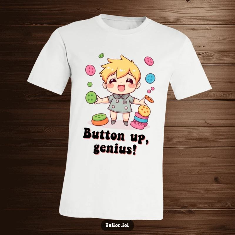Funny character with surprising agility juggling many colorful buttons, a humorous and lively t-shirt design.