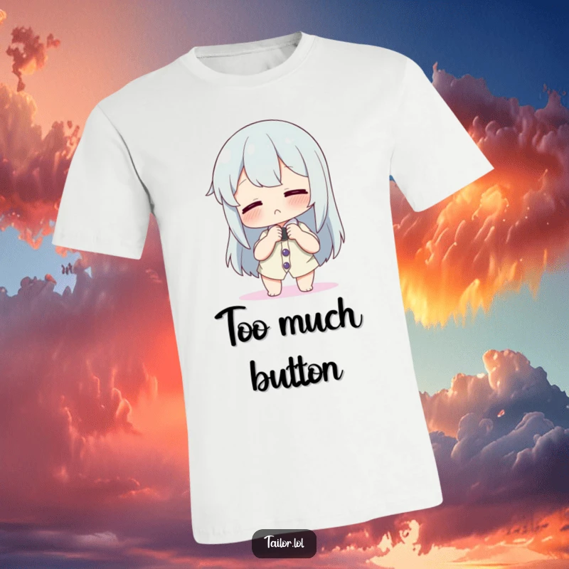 Funny t-shirt showing a character playfully adjusting a comically large button on a tiny shirt, perfect for laughs.