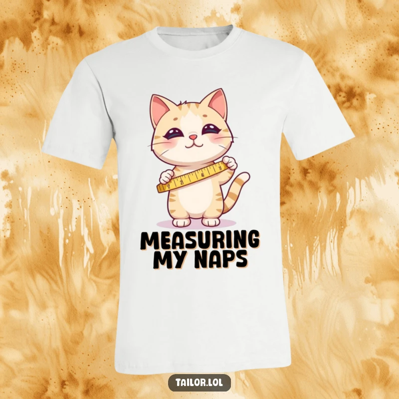 Funny t-shirt depicting a cute cat happily measuring fabric with a tape measure, a delightful gift for sewers.