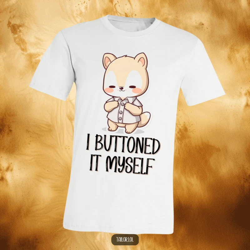 Funny T-Shirt: A cute animal character intently adjusting a tiny button on a doll-sized shirt sleeve, full of concentration.
