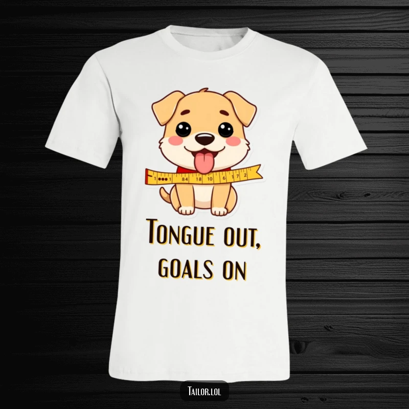 Funny dog t-shirt print of a happy dog measuring a ribbon with its tongue out, expressing cheerful silliness.