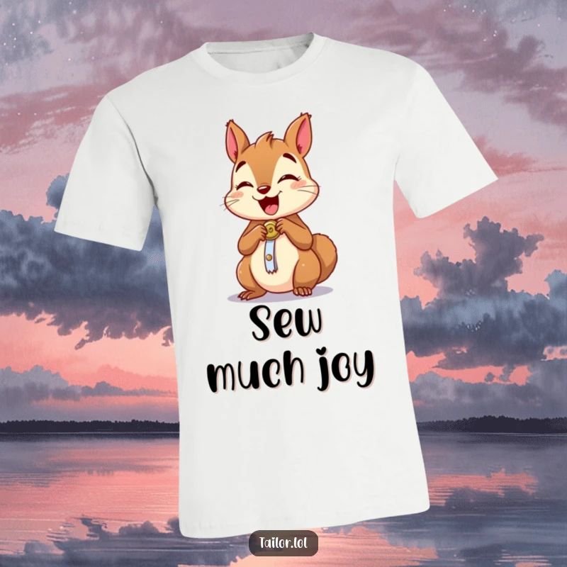 Funny t-shirt featuring an excited squirrel sewing a button onto a tiny piece of clothing, perfect funny gift.