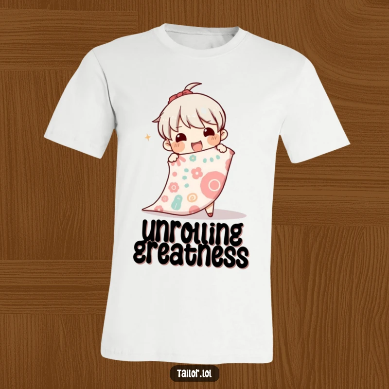 Funny t-shirt featuring a gleeful character eagerly unrolling a large, patterned bolt of fabric, showcasing a passion for textiles.