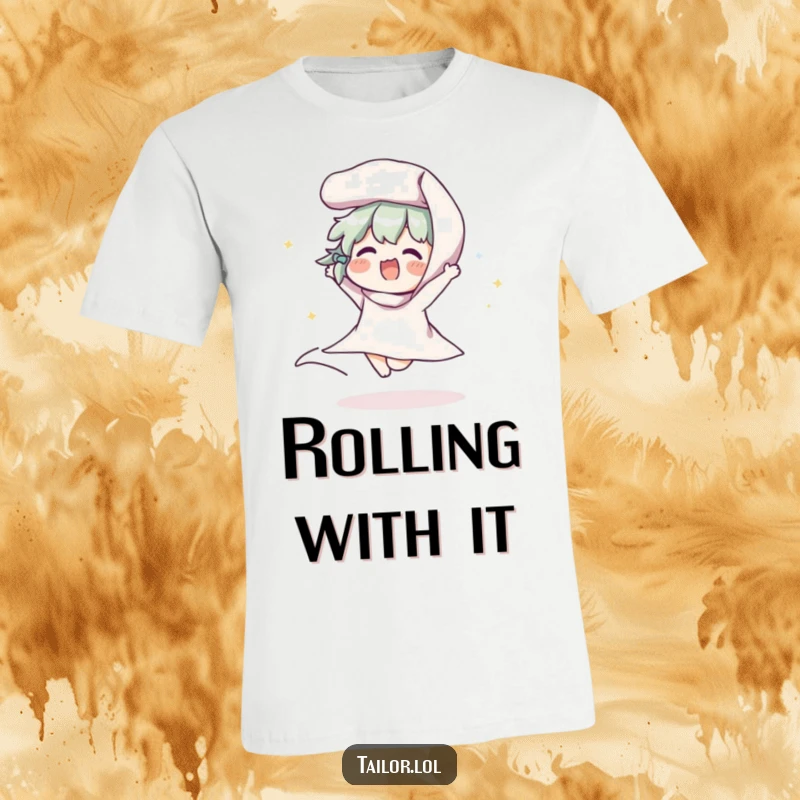 Funny t-shirt with a character joyfully bouncing a roll of fabric, perfect for sewers and crafters who love their materials.