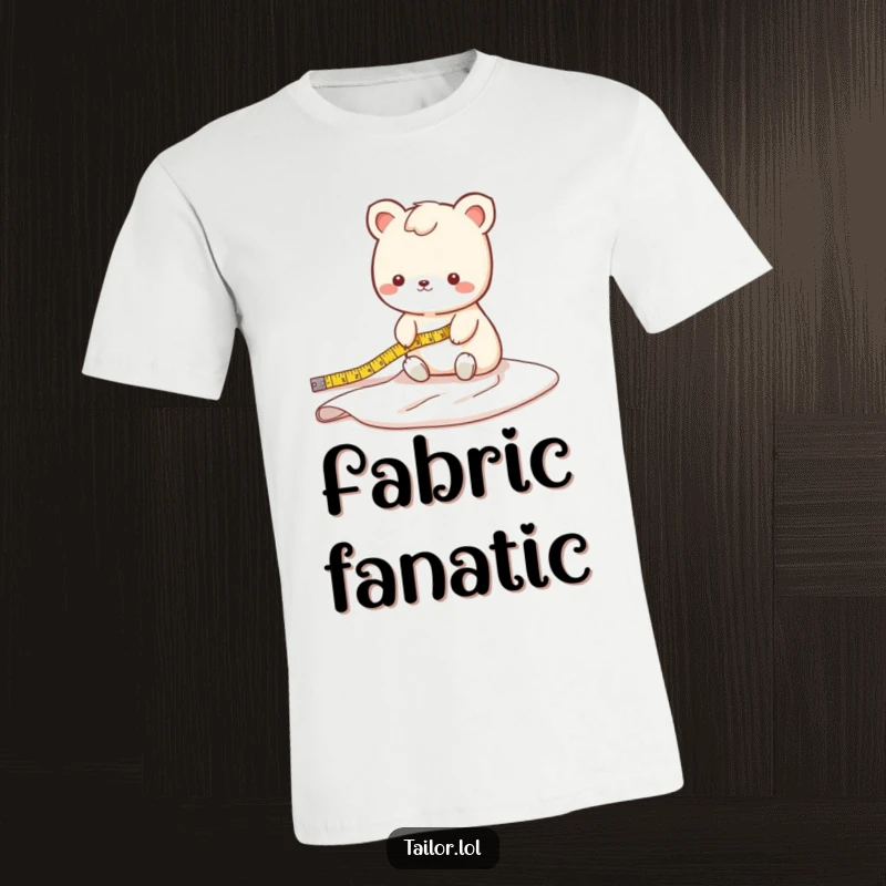 Funny fabric measuring animal t-shirt with a cute character precisely measuring a sprawling bolt of fabric, ideal for fashion lovers.