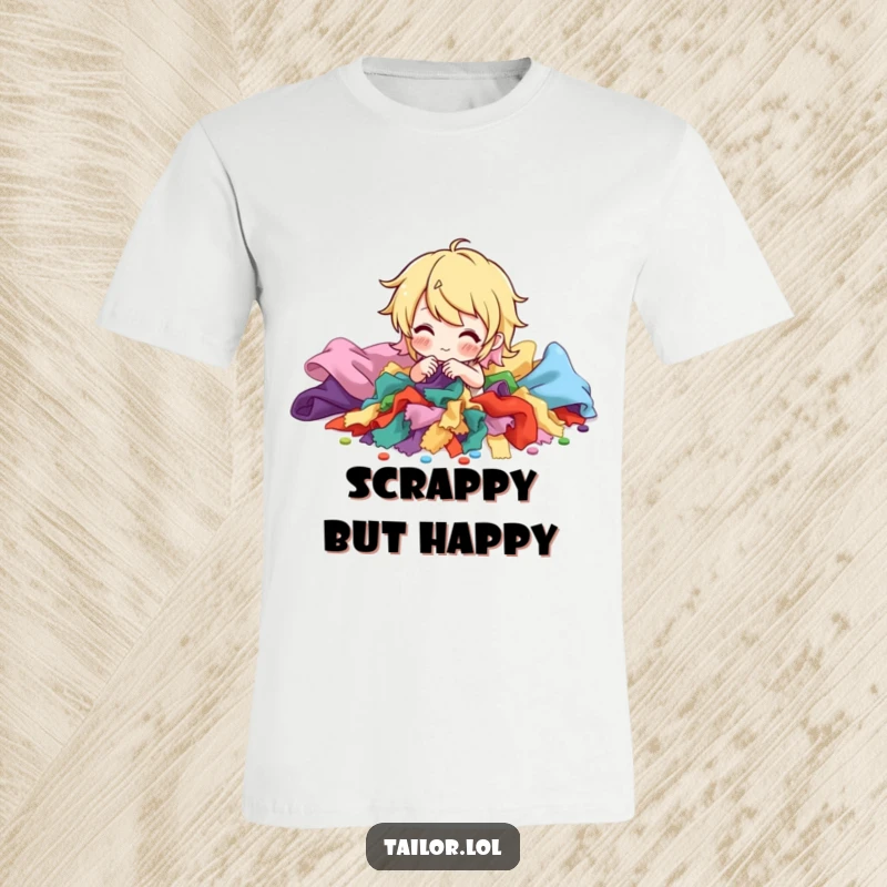Funny t-shirt depicting a cheerful character sorting a vibrant pile of fabric scraps, ideal for sewing and quilting fans. A humorous apparel gift.