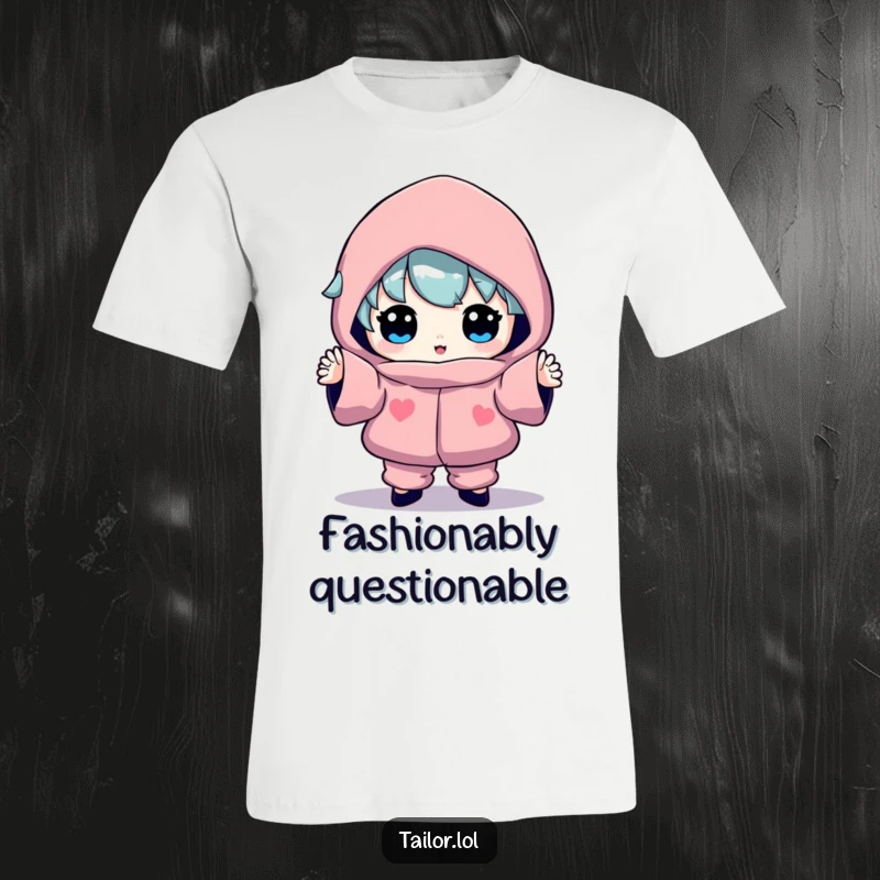 Funny t-shirt featuring a character proudly modeling a vividly colored, oddly shaped piece of clothing with a triumphant, humorous air.