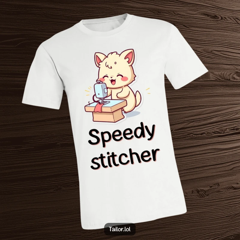 Funny fast sewer t-shirt, a joyful animal operating a sewing machine with blur effects, showing rapid progress.