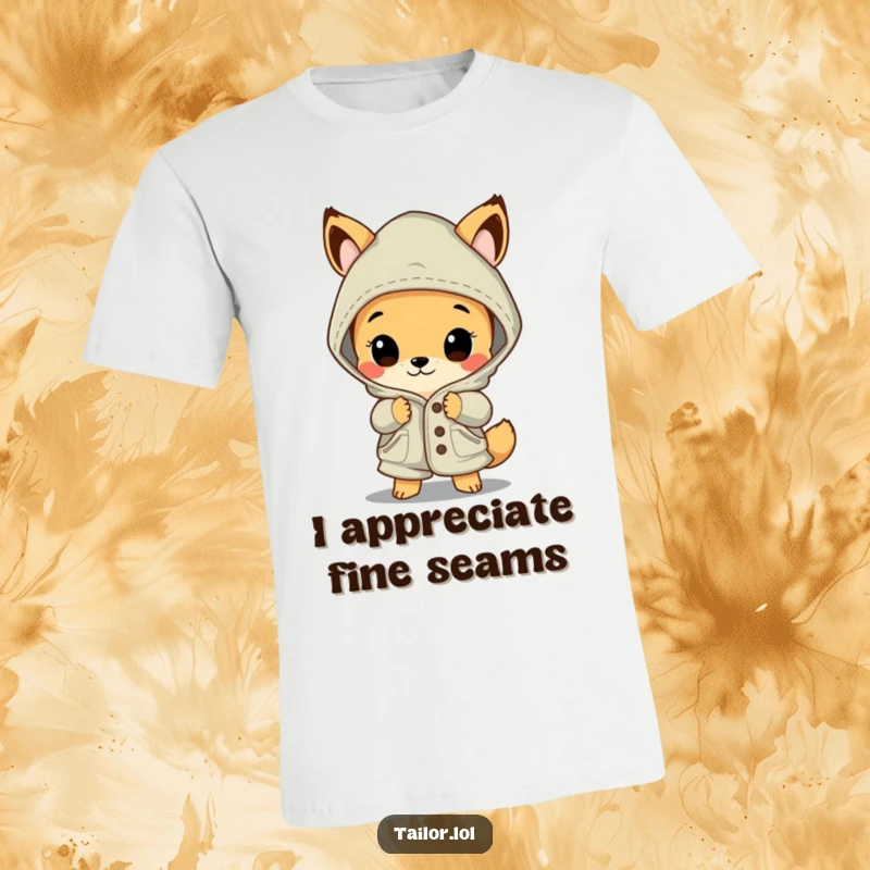 Funny animal t-shirt, a curious creature gazing in wonder at a large, intricately stitched garment, impressed by the detail.