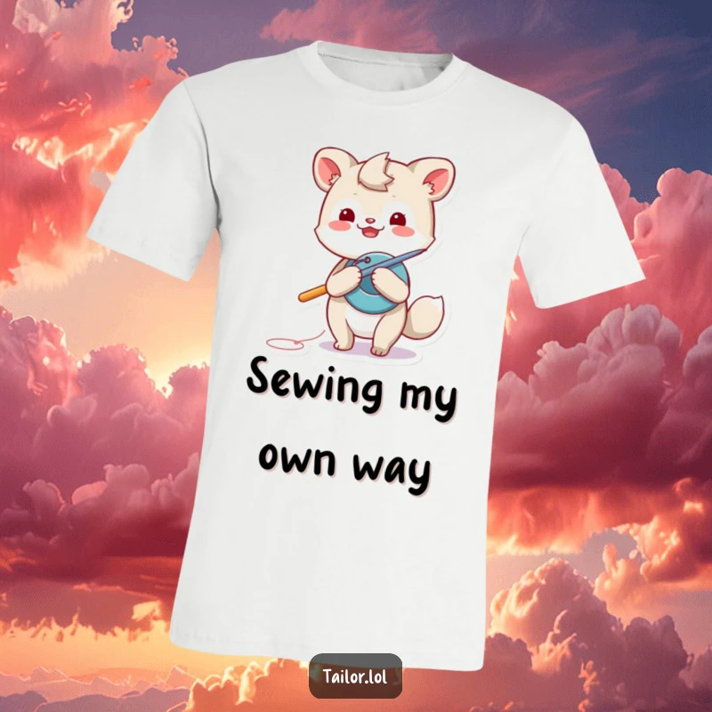 Funny animal t-shirt, showcasing a playful animal with a giant needle, skillfully sewing a button back onto clothing.