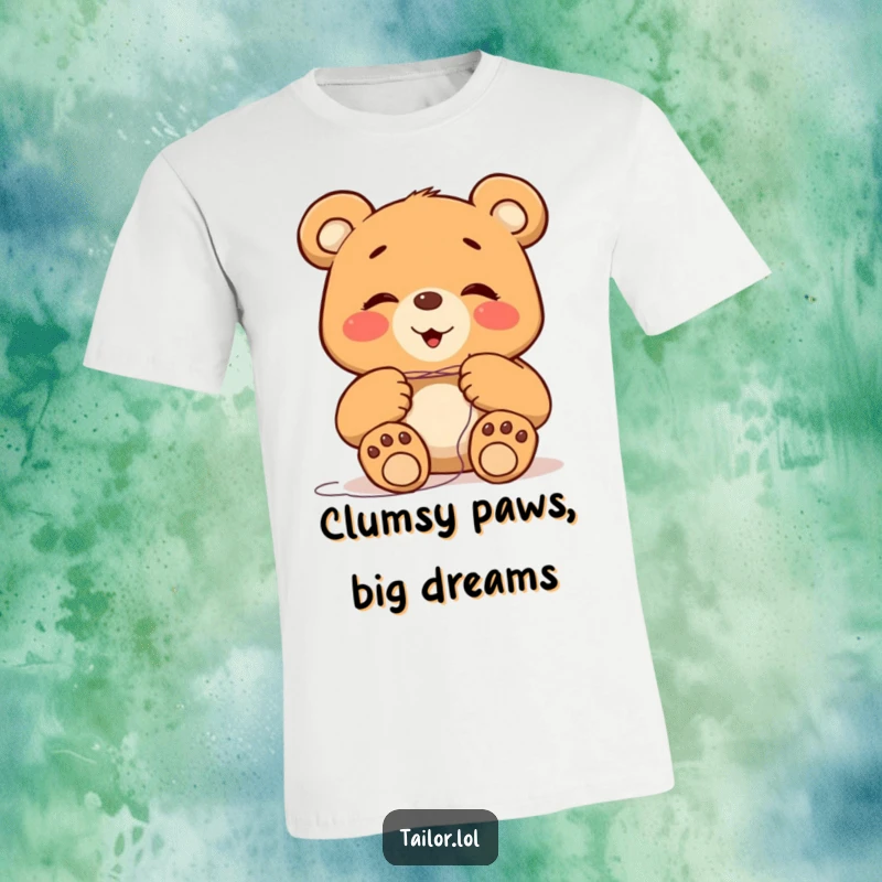 Funny giggling bear character with large paws attempting to thread a tiny needle on a humorous t-shirt, great gift.