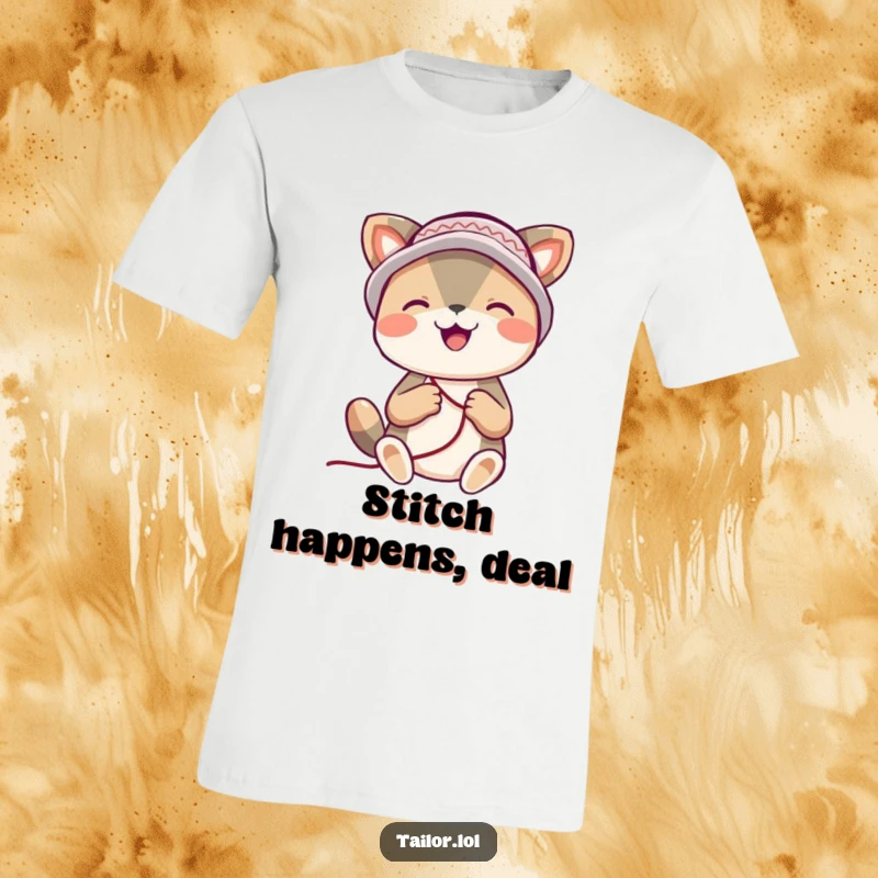 Funny animal t-shirt, depicting a joyful animal wearing a thimble hat, diligently and happily stitching a project with a smile.