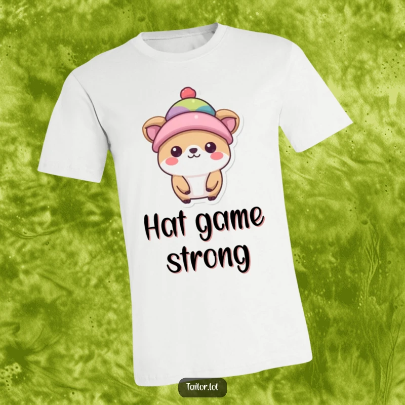Funny hat model t-shirt, a cute animal showcasing a small, vibrant hat, radiating confidence and charm.