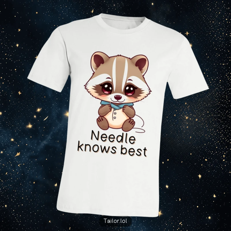 Funny curious Kawaii badger tailor character examining a needle and thread with wide eyes, detailed t-shirt, funny gift.