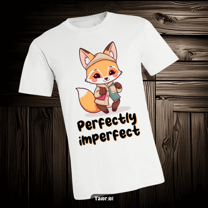 Funny playful Kawaii fox tailor character sewing a quirky, mismatched patch, humorous t-shirt for crafters, funny gift.