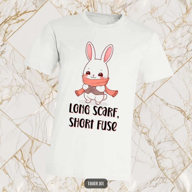 Funny giggling Kawaii rabbit tailor character stretching a ridiculously long scarf, great for sewing lovers and a funny gift.