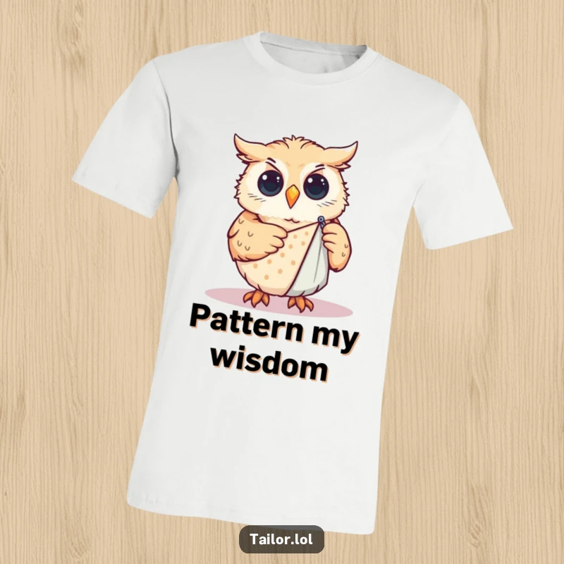 Funny T-Shirt: Curious owl accurately pinning a sewing pattern onto cloth, representing intelligence and crafting precision.