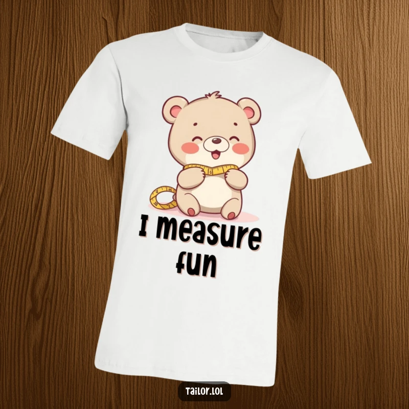 Funny t-shirt featuring a giggling bear character humorously measuring fabric with a tape measure, a great funny gift.