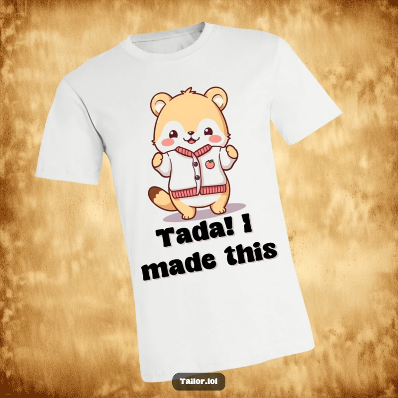 Funny Proud Crafter T-Shirt: A cute animal proudly displaying a miniature garment they finished. Humorous apparel for proud artisans.