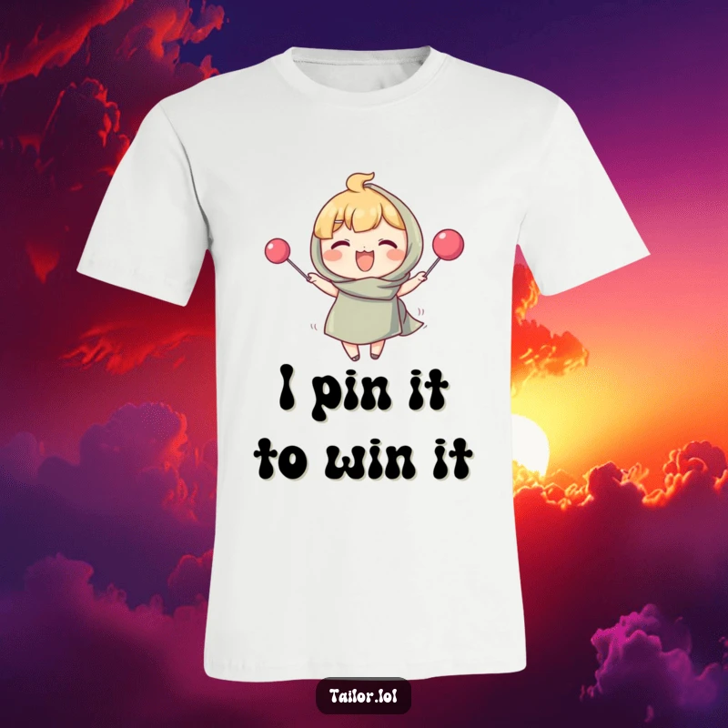 Funny t-shirt depicting a cheerful character pinning fabric with an oversized pin, ideal for quilters and sewers. A humorous apparel gift.