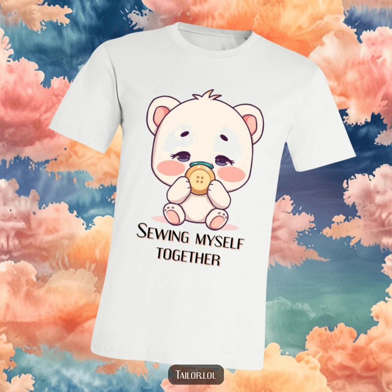 Funny character hilariously performing the act of sewing a button onto their own nose, a funny t-shirt.