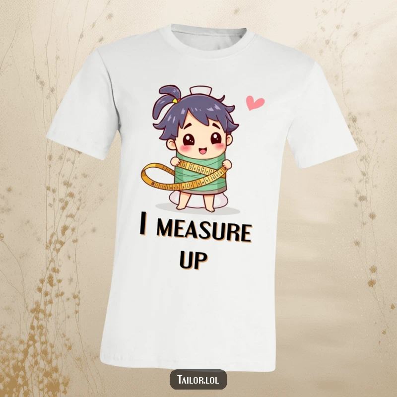 Funny t-shirt depicting a cheerful character measuring a massive spool of colorful thread, ideal for sewing and crafting fans. A humorous apparel gift.