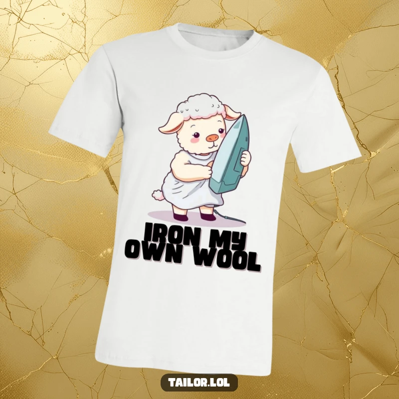 Funny silly sheep t-shirt graphic of a sheep struggling to iron a wrinkled shirt with a huge iron, depicting comical effort.