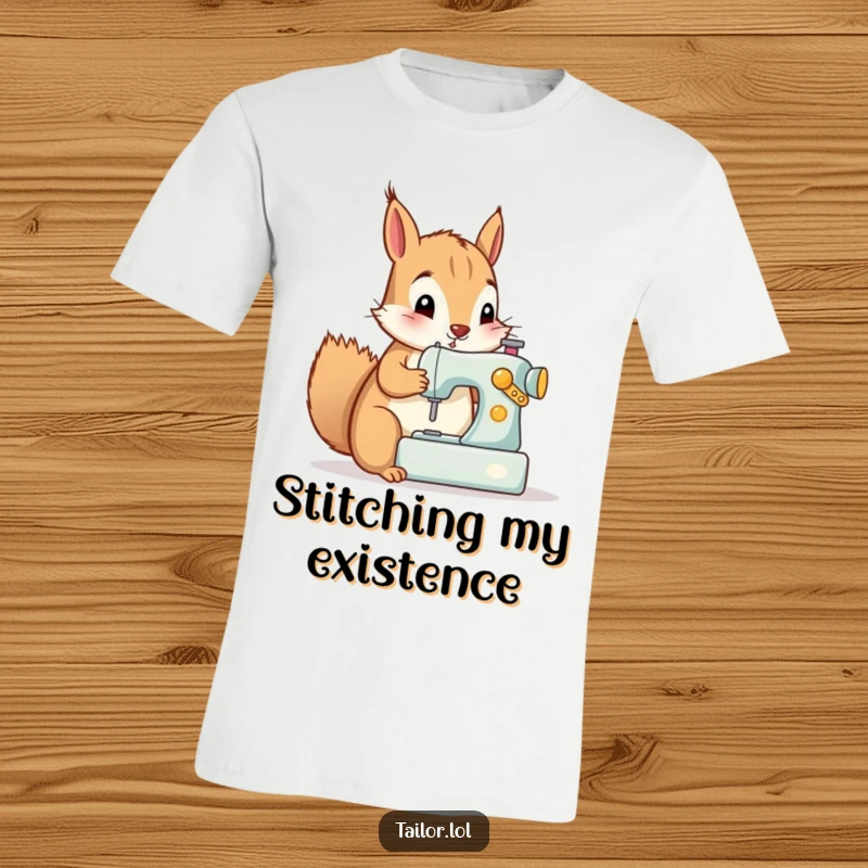 Funny t-shirt featuring a curious squirrel energetically using a tiny sewing machine, celebrating the joy of making.