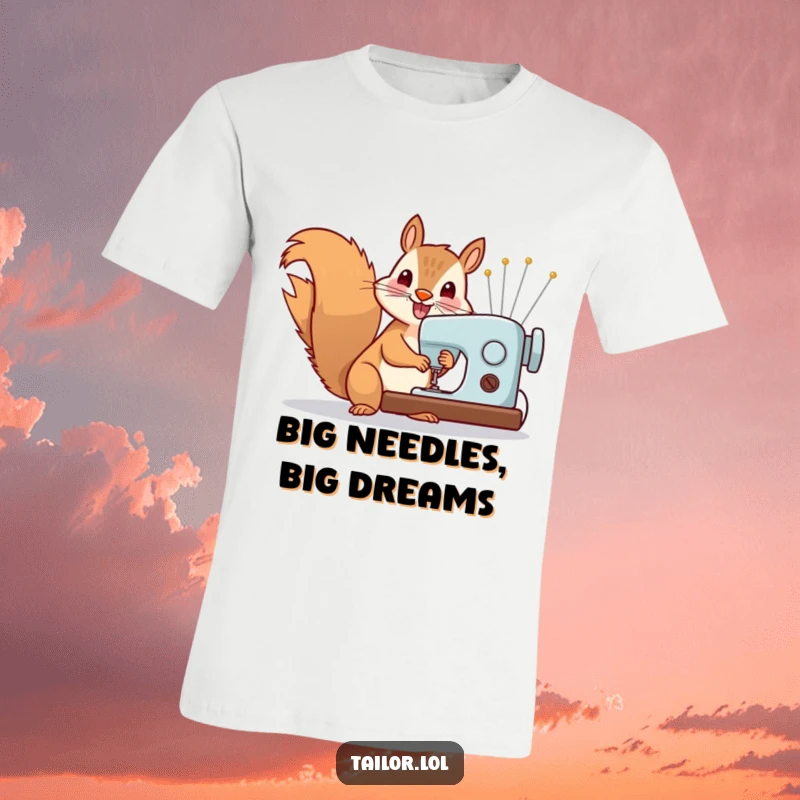 Funny T-Shirt: Energetic squirrel using a large sewing machine with oversized needles, embodying a fast-paced crafting spirit.
