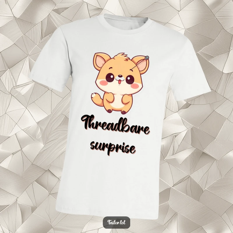 Funny cute animal character looking surprised by a needle and thread pulling through air, printed on a tee.