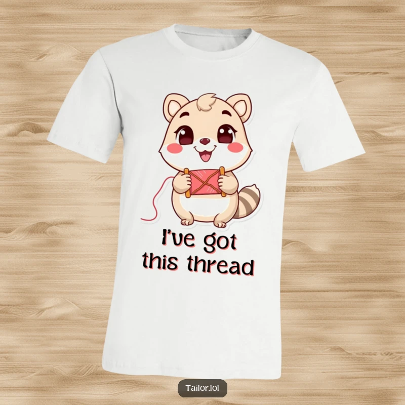 Funny T-Shirt: A cute animal character holding a spool of thread with a broad, joyful grin, ready to sew.